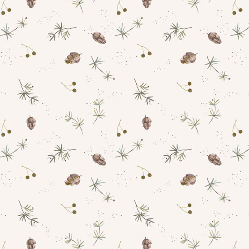 Seamless pattern featuring small plants, berries, and shells on a light beige background.