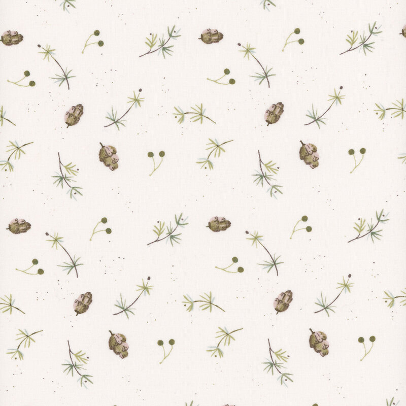 Seamless pattern featuring small pinecones and pine sprigs on a light beige background.