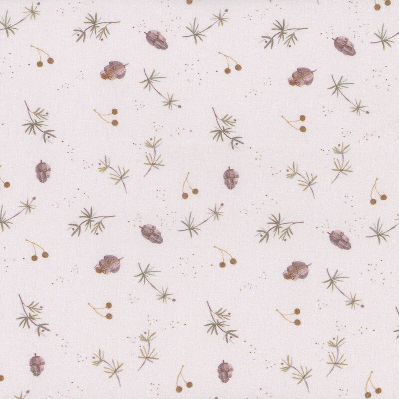 Seamless pattern featuring small plants, berries, and shells on a light beige background.