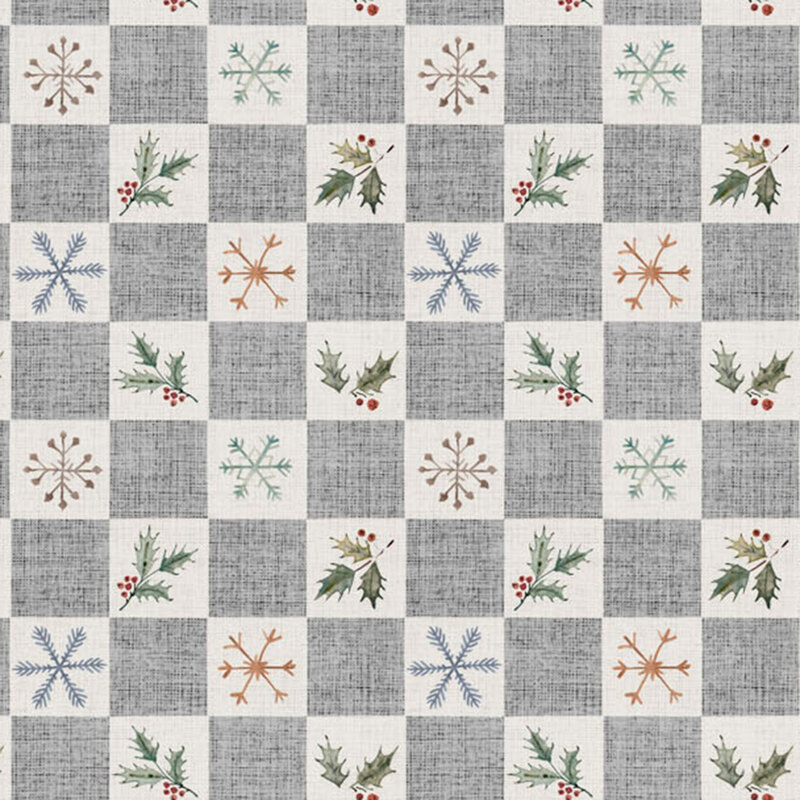 A patterned fabric with gray and white squares featuring snowflakes and holly branches.