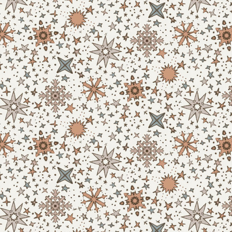 A repeating fabric pattern of stars and snowflakes in earthy tones on a light background.