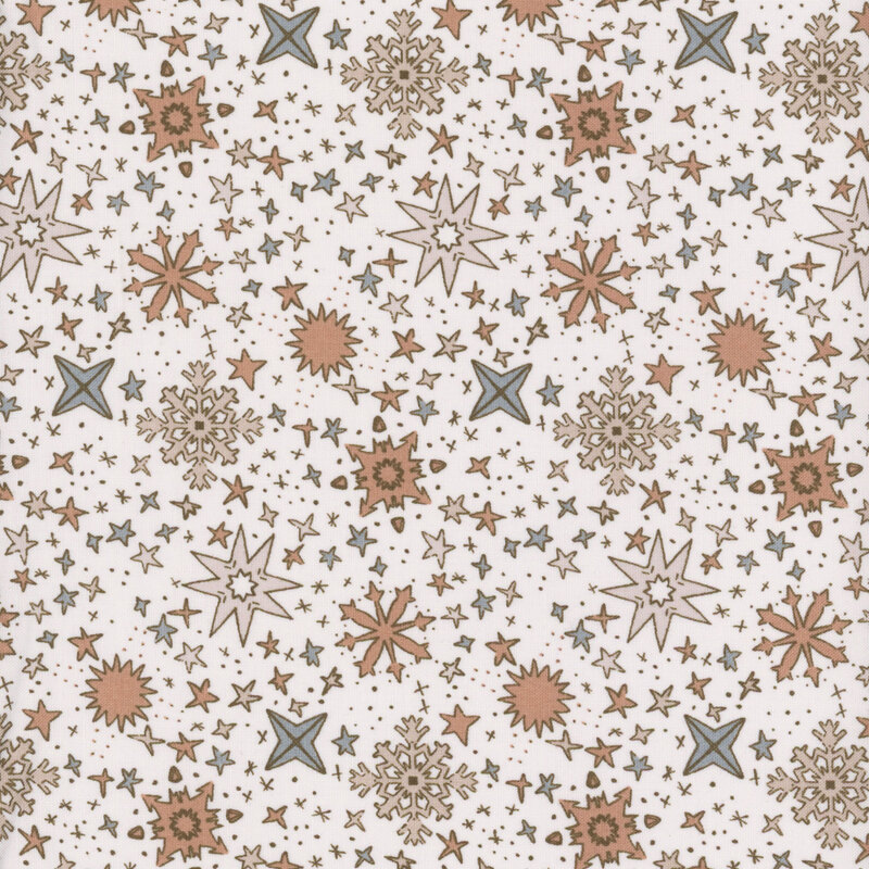 A repeating fabric pattern of stars and snowflakes in earthy tones on a light cream background.