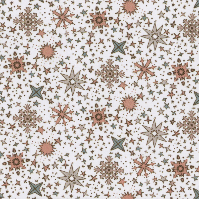 A repeating fabric pattern of stars and snowflakes in earthy tones on a light background.