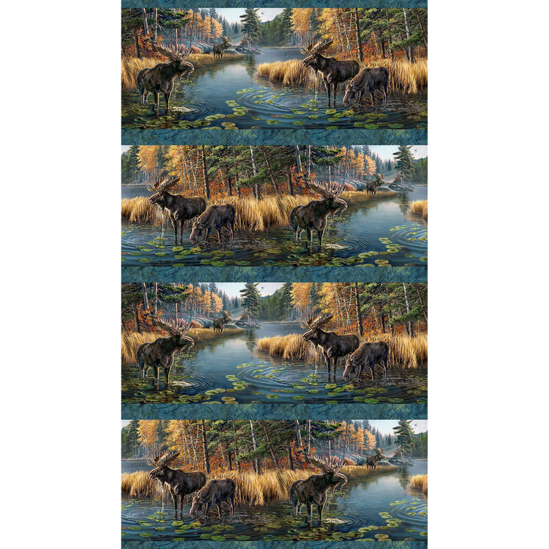 Fabric featuring a moose walking along a lake surrounded by autumn forest