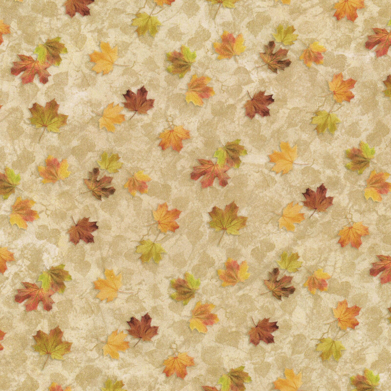 Autumn leaves scattered on a beige background.