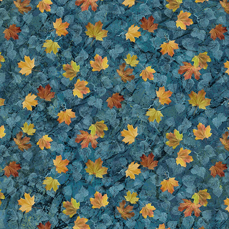 a fabric pattern of autumn leaves on a dark teal background