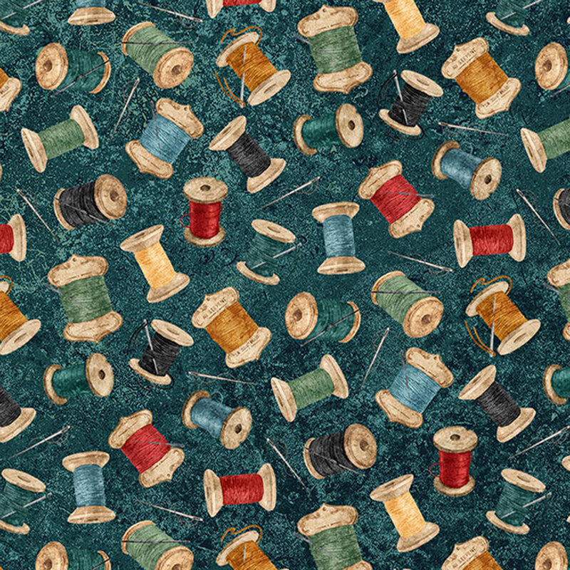 Teal fabric with tossed sewing spools and needles on a textured background.