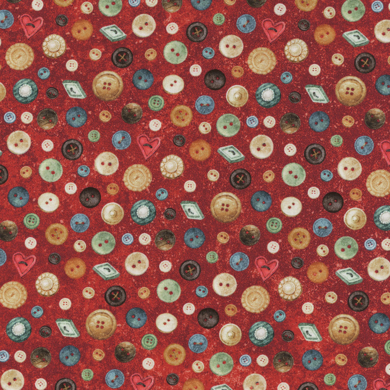 Red textured fabric with a tossed design of buttons in various colors and shapes like circles, hearts, and diamonds.