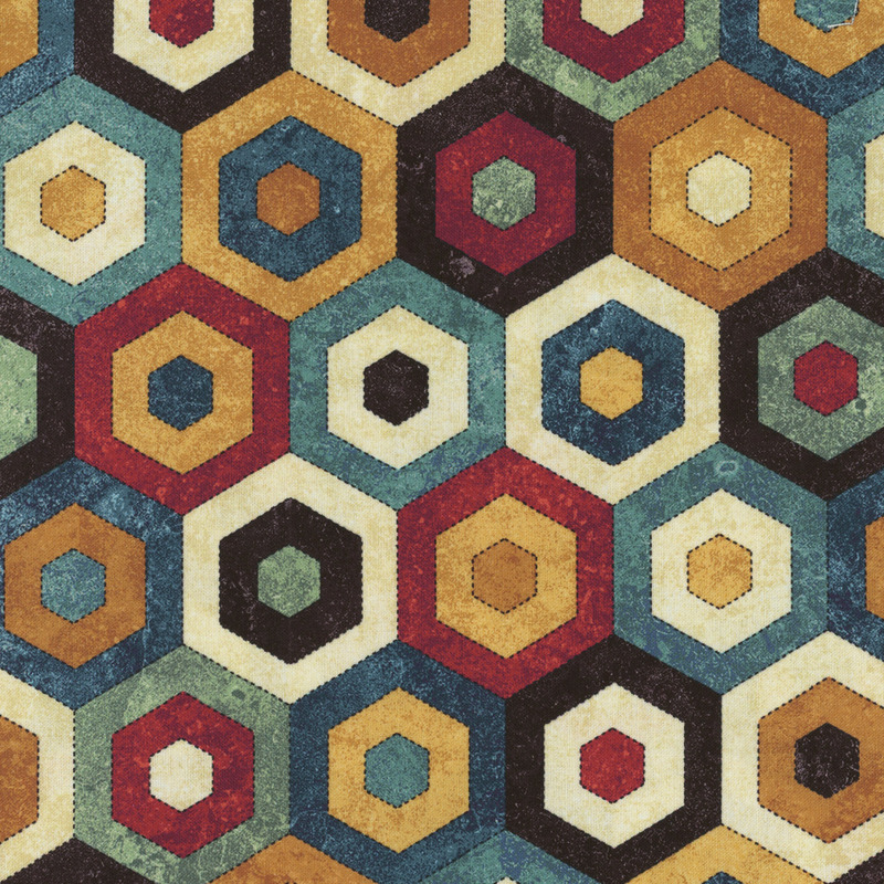 A textured interlocking hexagonal design featuring shades of blue, red, black, and cream.