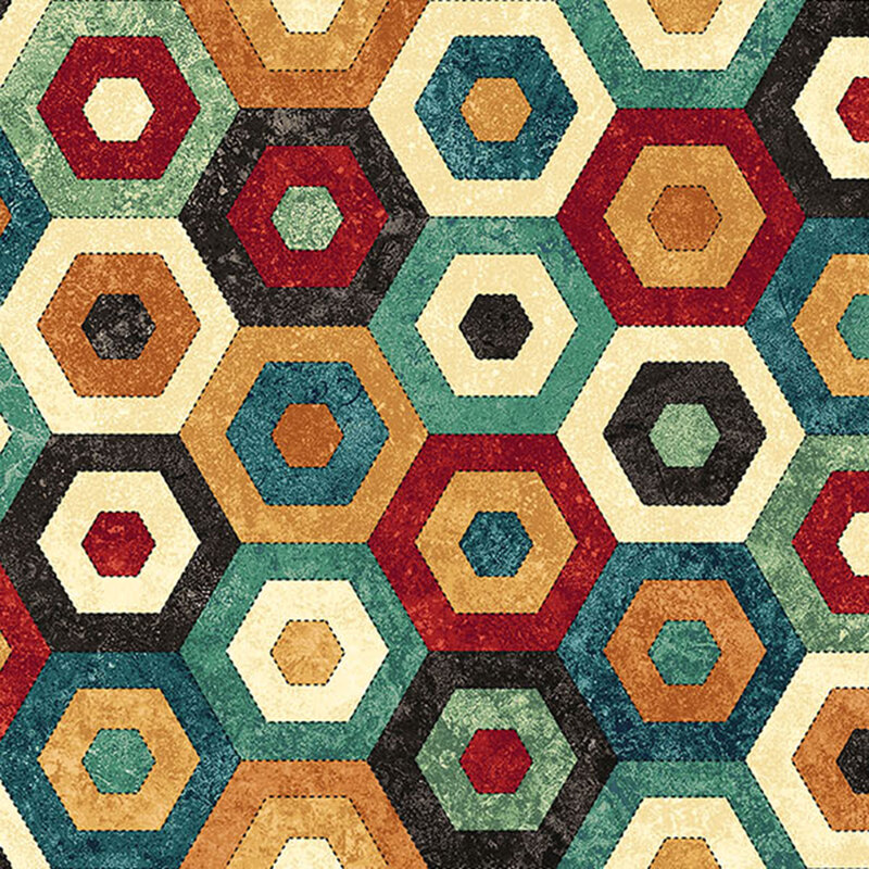 A textured interlocking hexagonal design featuring shades of blue, red, black, and cream.