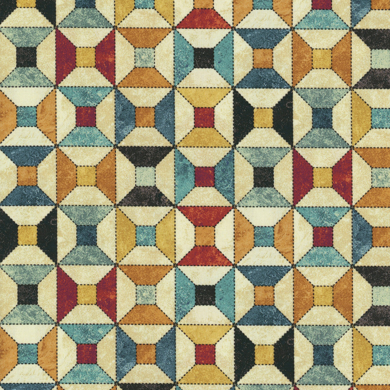 Cream textured fabric with a rotating spool block design in shades of black, red, teal, and gold.