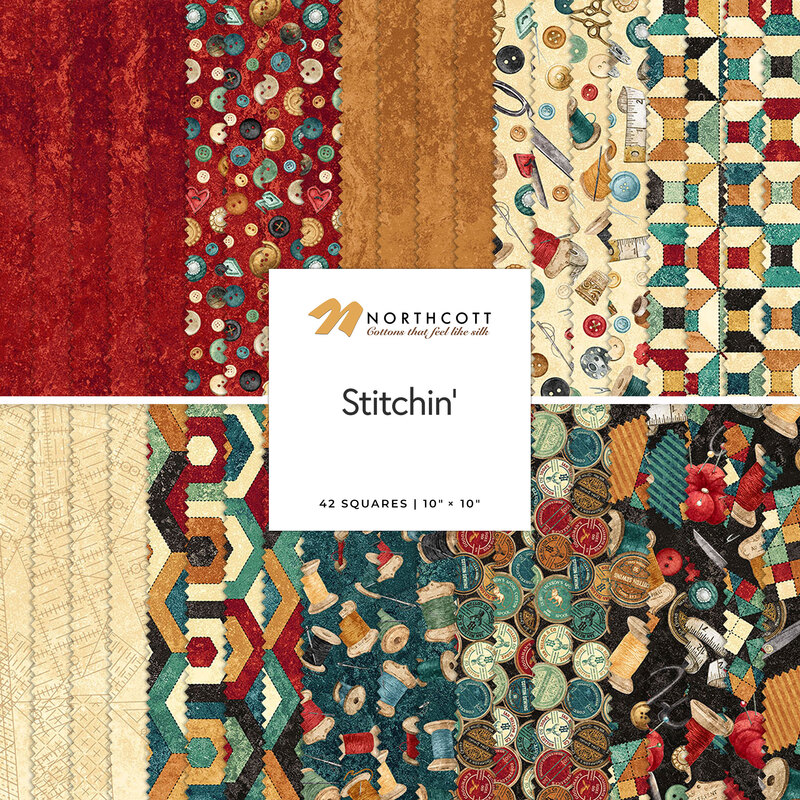 A stacked collage of fabrics with stitching motifs included in the Stitchin' 10