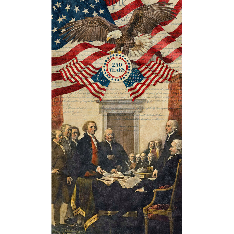 fabric panel of the founding fathers signing the declaration of independence with the US flag and eagle above them.