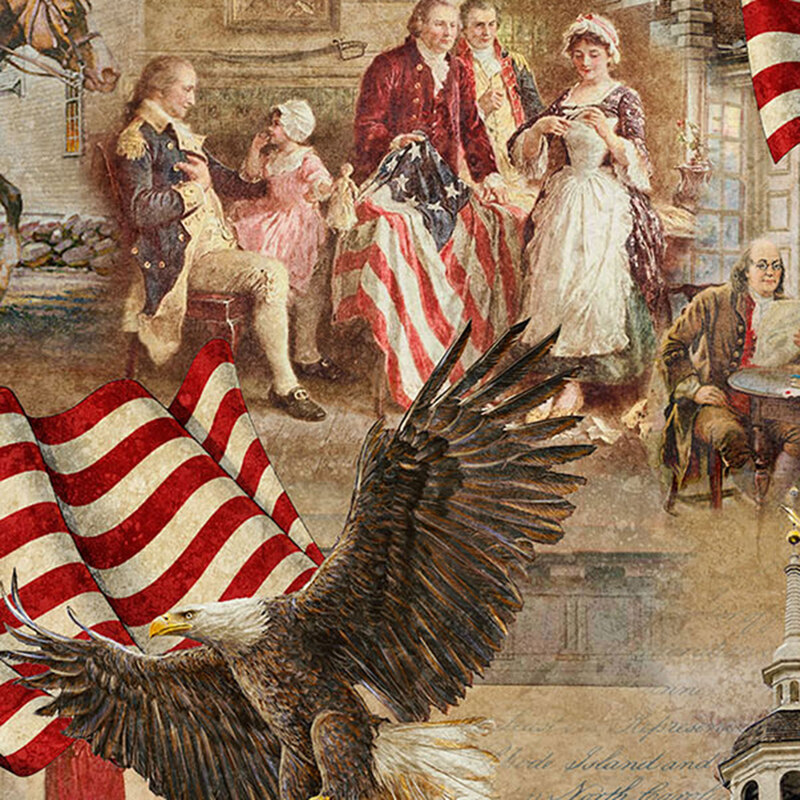 fabric pattern of a family holding a US flag and an eagle flying