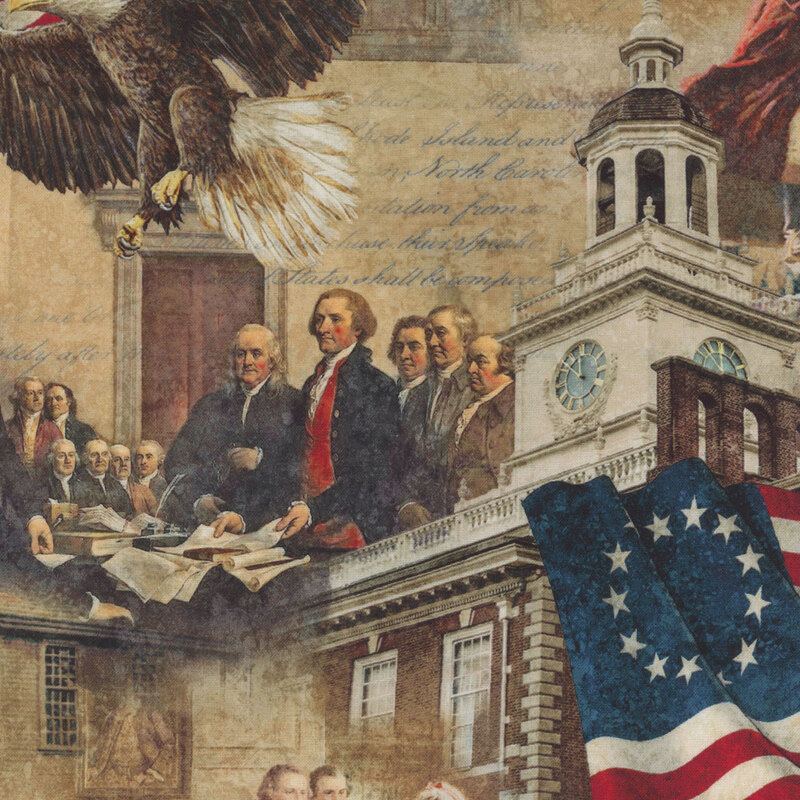 fabric pattern of a family holding a US flag and an eagle flying