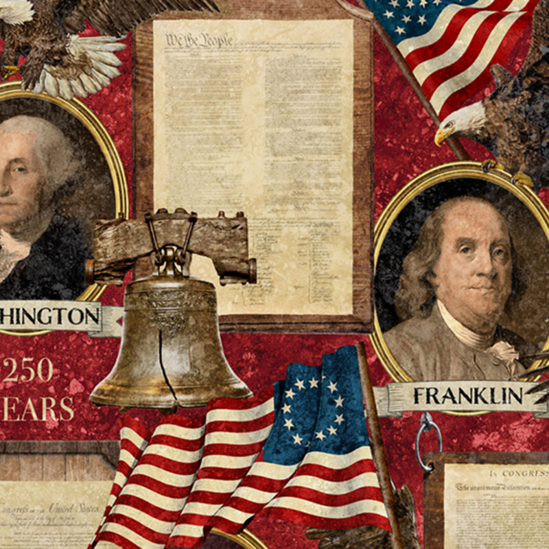 fabric pattern of franklin and washington portrait photos with a bell and a betsy ross flag