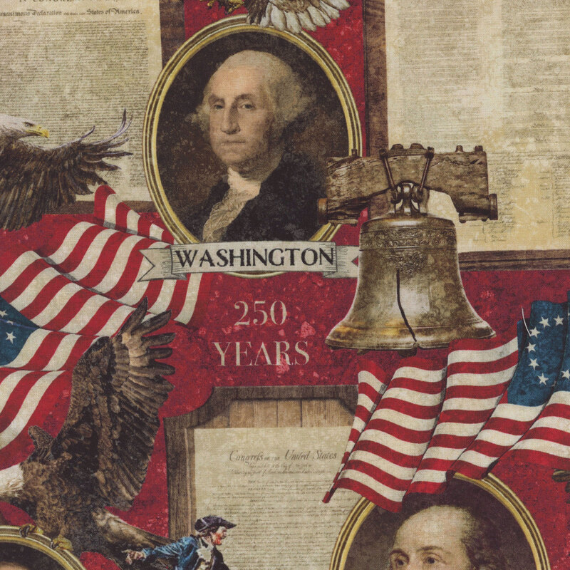 fabric pattern of franklin and washington portrait photos with a bell and a betsy ross flag