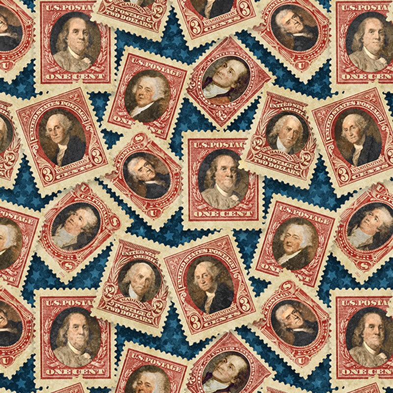 fabric pattern of postal stamps with portrait photos of presidents all over a tonal blue star background