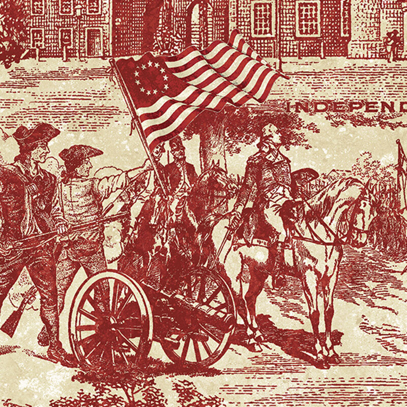 fabric pattern of early USA soldiers holding the betsy ross flag, a man on a horse, and a canon in front of them with red a red shade on a cream background