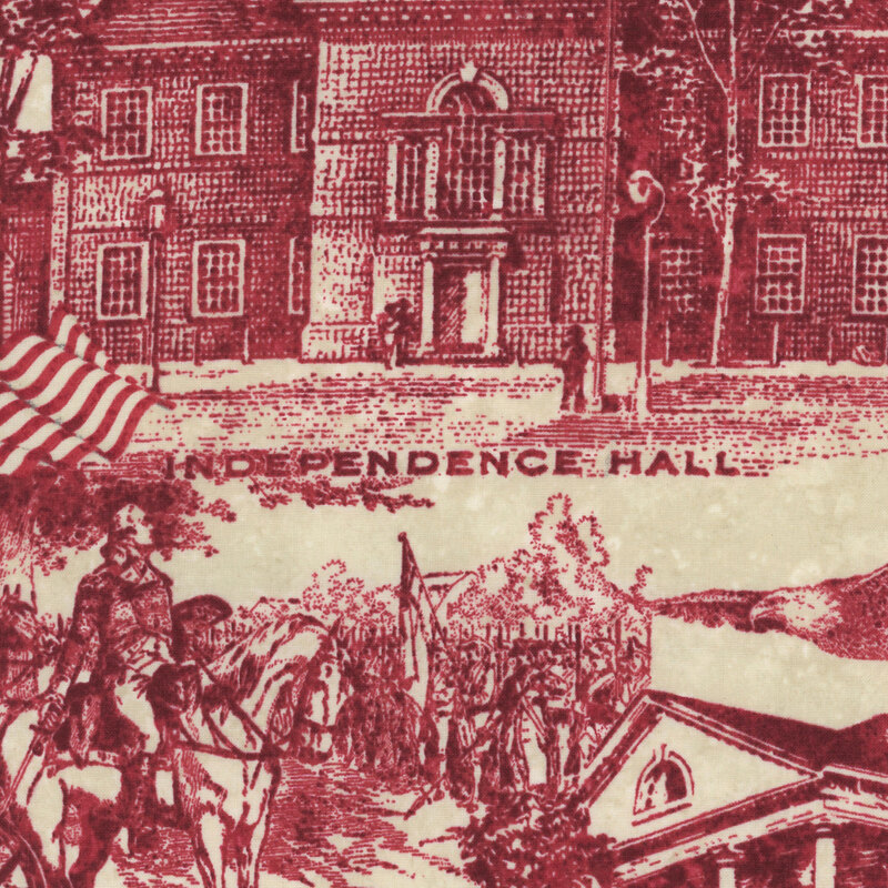 fabric pattern of early USA soldiers holding the betsy ross flag, a man on a horse, and a canon in front of them with red a red shade on a cream background