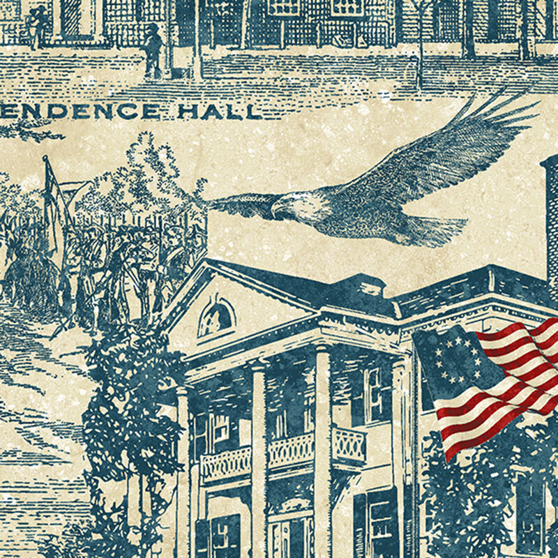 fabric pattern of an eagle flying over the independence hall with a navy hue on a cream background