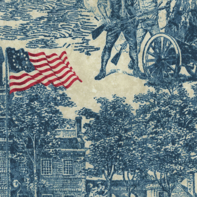 fabric pattern of an eagle flying over the independence hall with a navy hue on a cream background