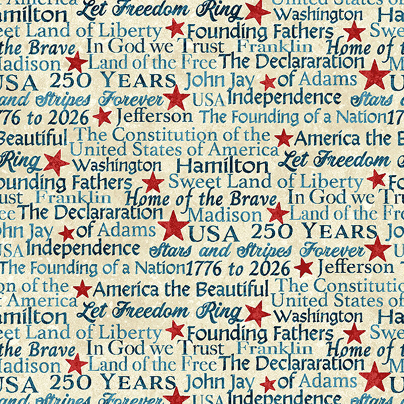 fabric pattern of words celebrating 250 years of america in 2026 