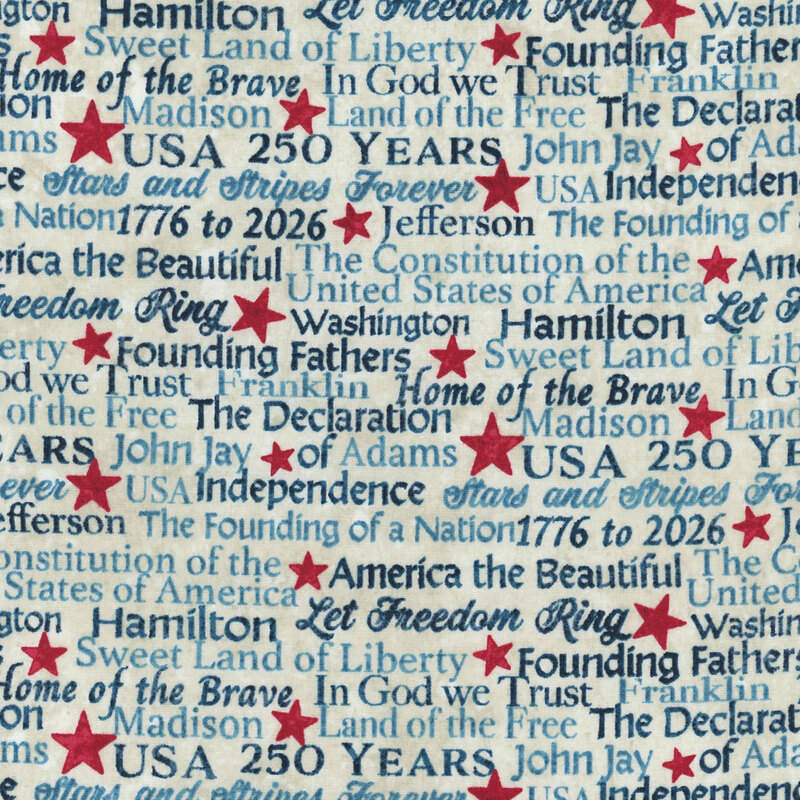 fabric pattern of words celebrating 250 years of america in 2026 