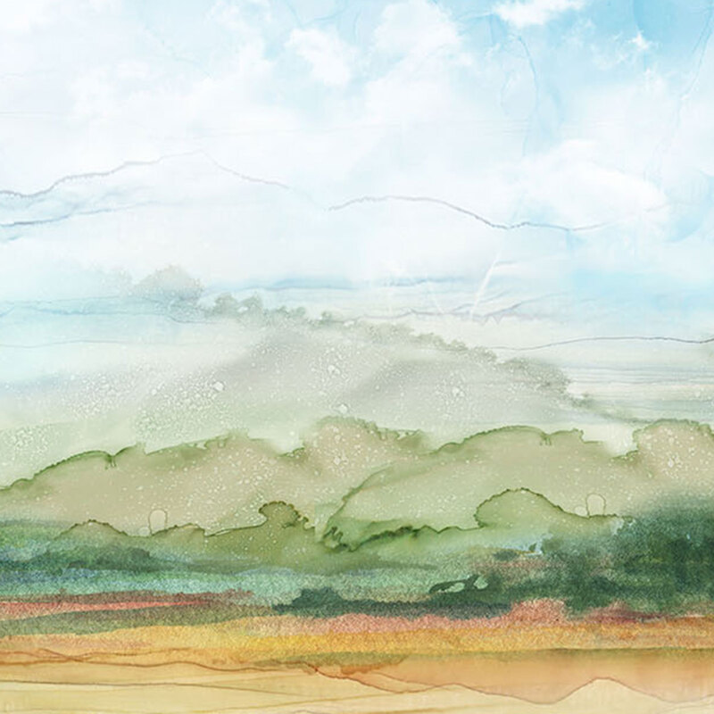 The full width of fabric featuring a landscape of grassy hills and a cloudy blue sky