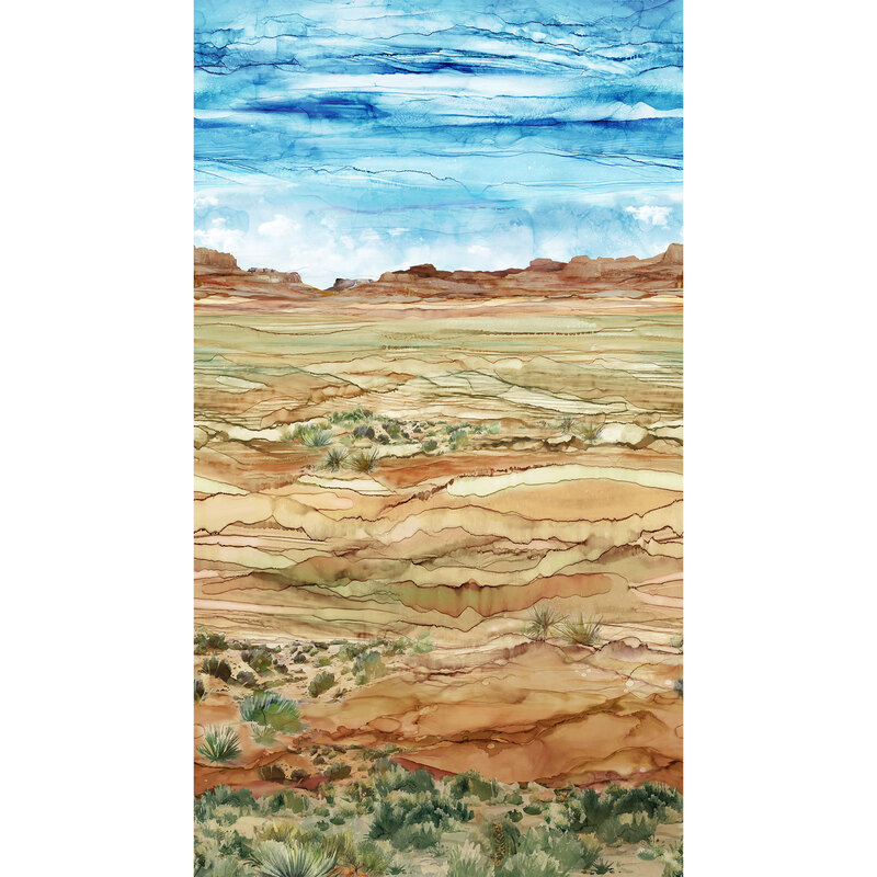 The full width of fabric featuring a landscape of a desert with a rocky terrain and blue cloudy skies