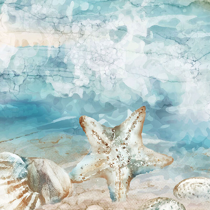 fabric pattern of a sandy beach with seashells and starfish