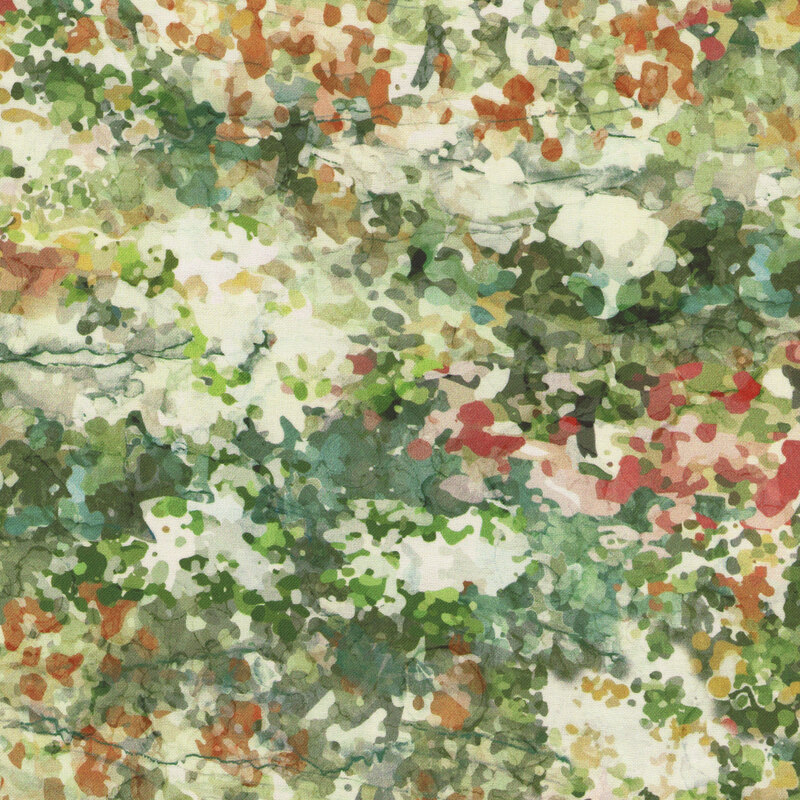 Abstract watercolor pattern featuring various shades of green, orange, and red with a textured look.