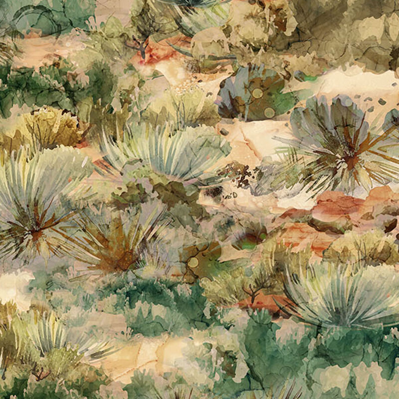 fabric pattern of desert plants on a rocky terrain