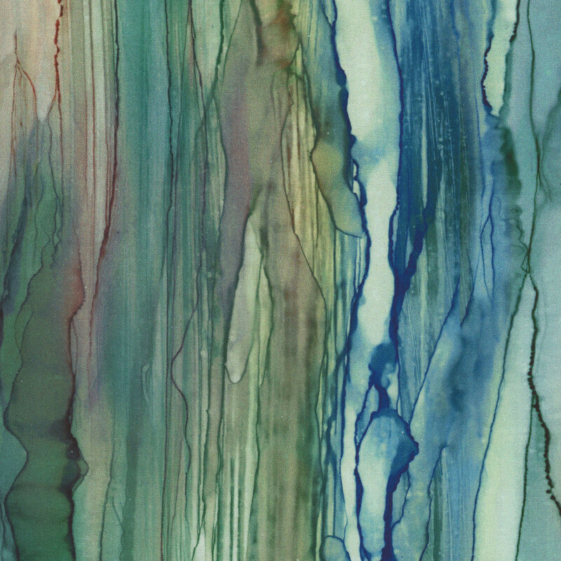 Abstract fabric featuring vertical streaks of varying shades of green and blue, evoking a sense of depth and fluidity.