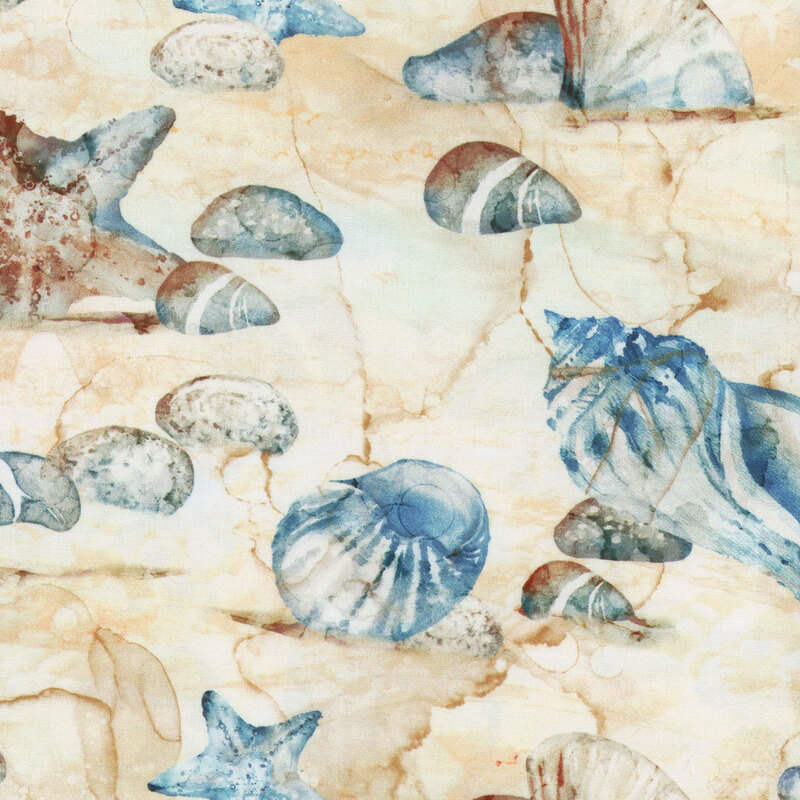 Watercolor fabric featuring various seashells and stones on a sandy background.