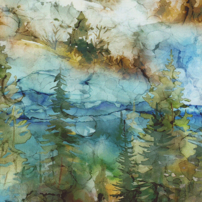 Abstract watercolor fabric featuring green pine trees, blue water, and earthy tones.