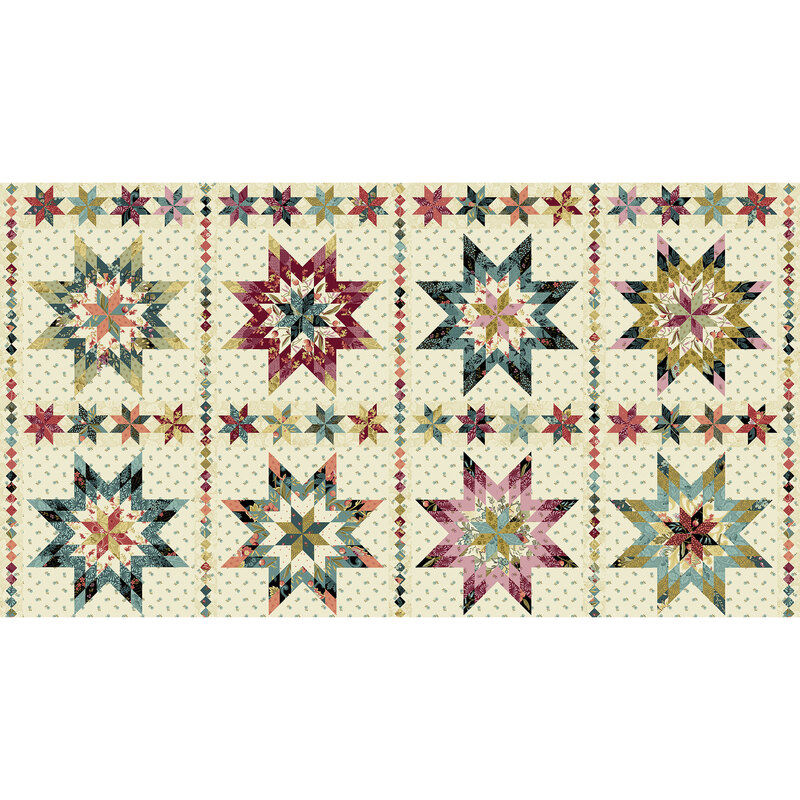 fabric pattern of different colored octagrams evenly spread across 