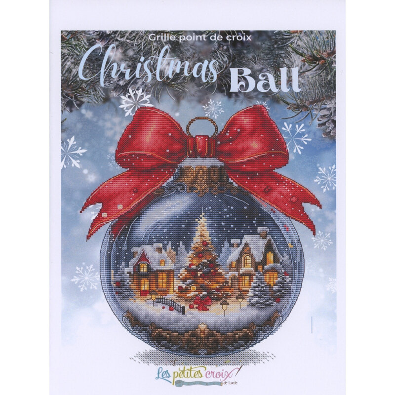 Front cover of pattern showing a digital rendering of the project, a beautiful sparkling ornament with a large red bow above.