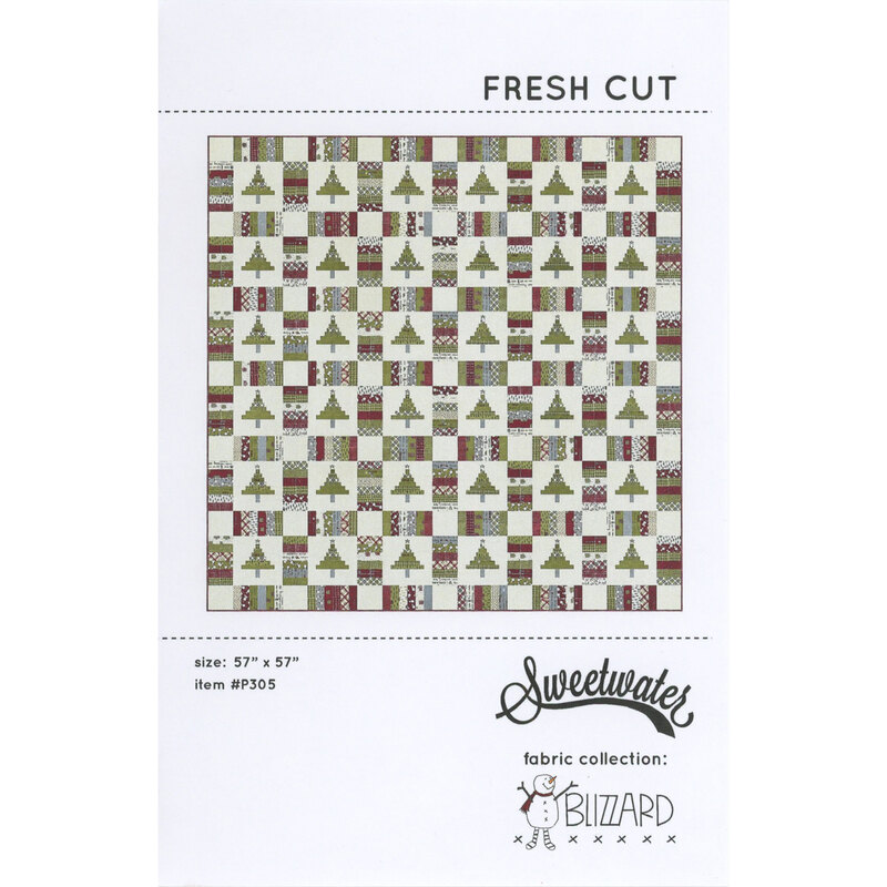 The front of the Fresh Cut pattern, featuring a red, green, and cream quilt in Christmas fabrics with Christmas tree blocks.