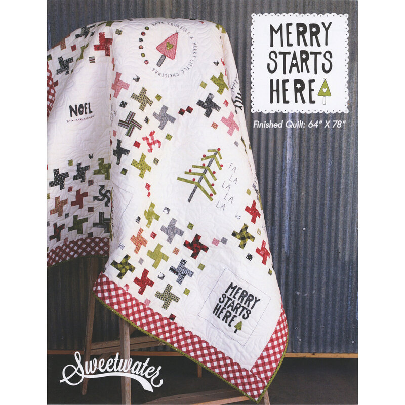 The front of the Merry Starts Here pattern, featuring a white, green, and red quilt in Christmas fabrics with trees and pinwheels.