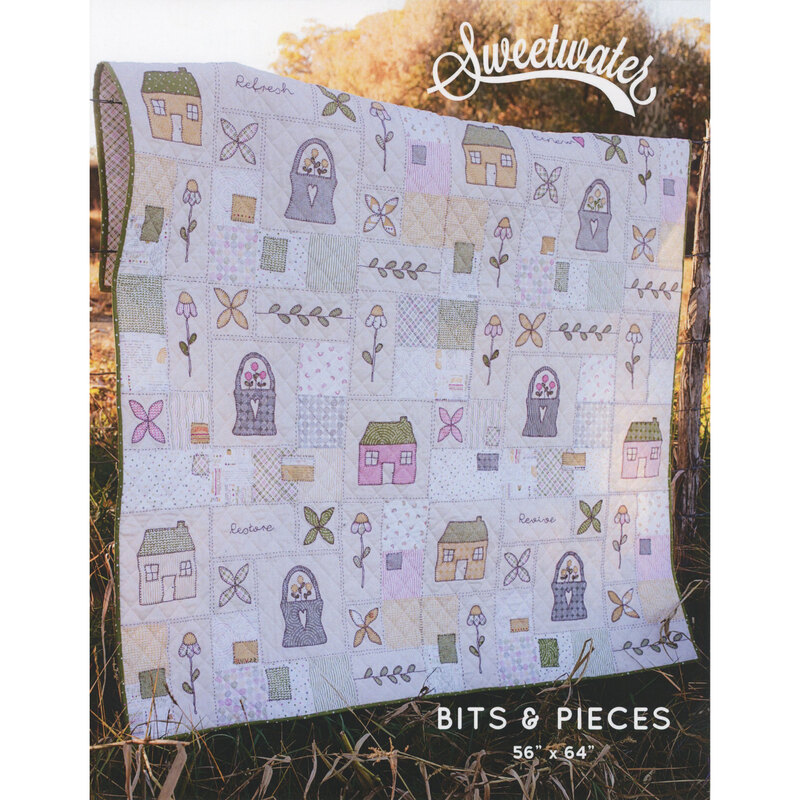 The front of the Bits & Pieces pattern, featuring a pastel floral quilt with purses and house blocks.