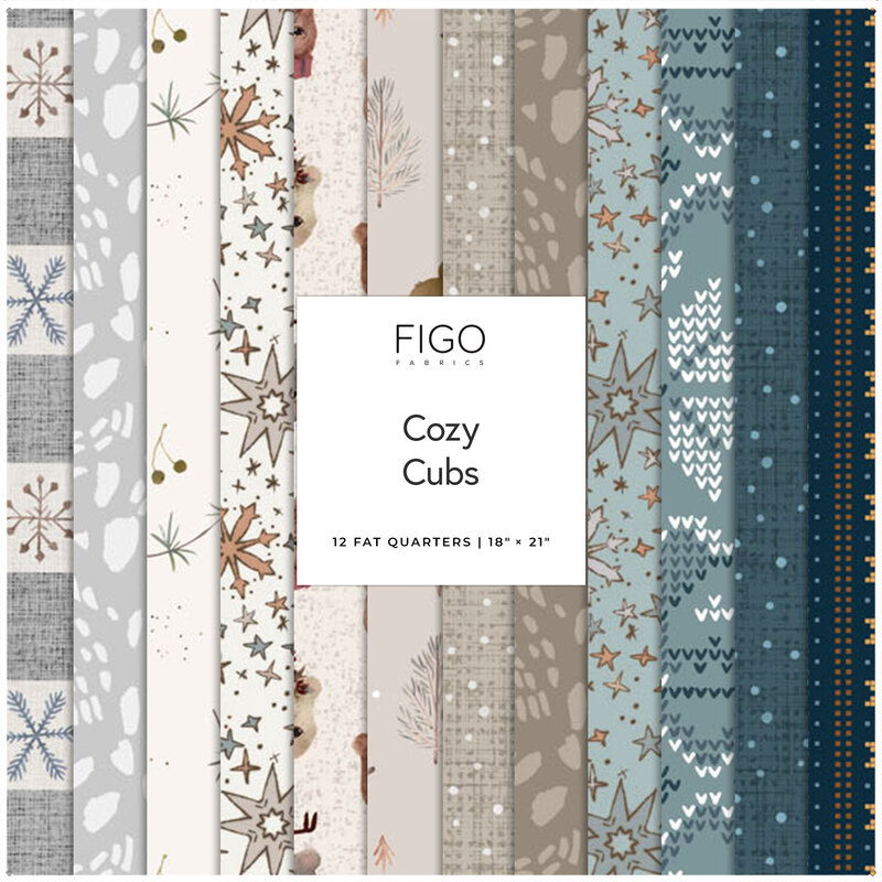 A collection of fabric patterns titled Cozy Cubs featuring winter-themed designs in various colors.