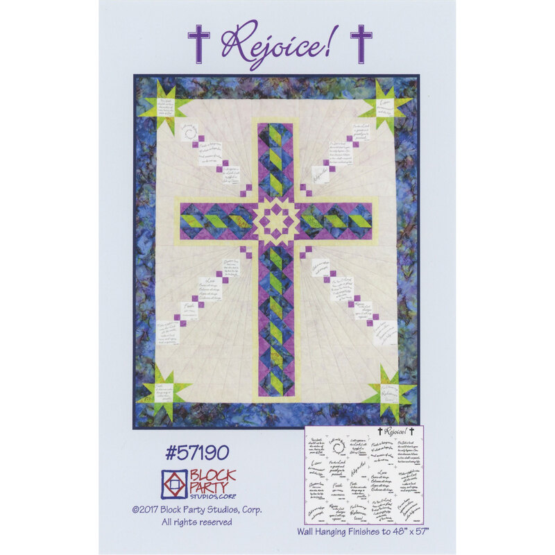 Front of pattern showing the complete wall hanging in purples and blues, all on a cream background