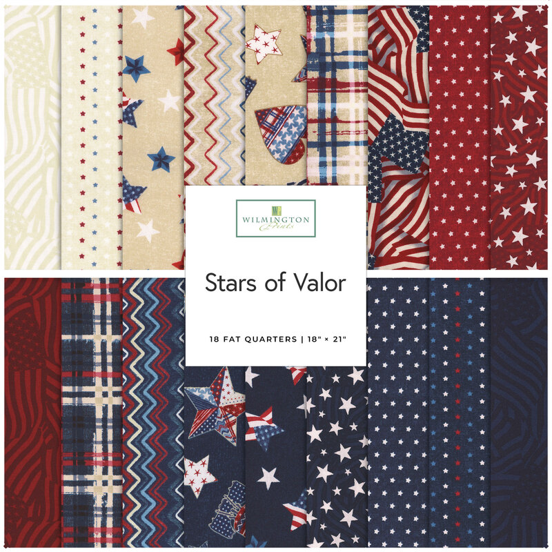 A collage of fabrics in the FQ Set featuring patriotic designs