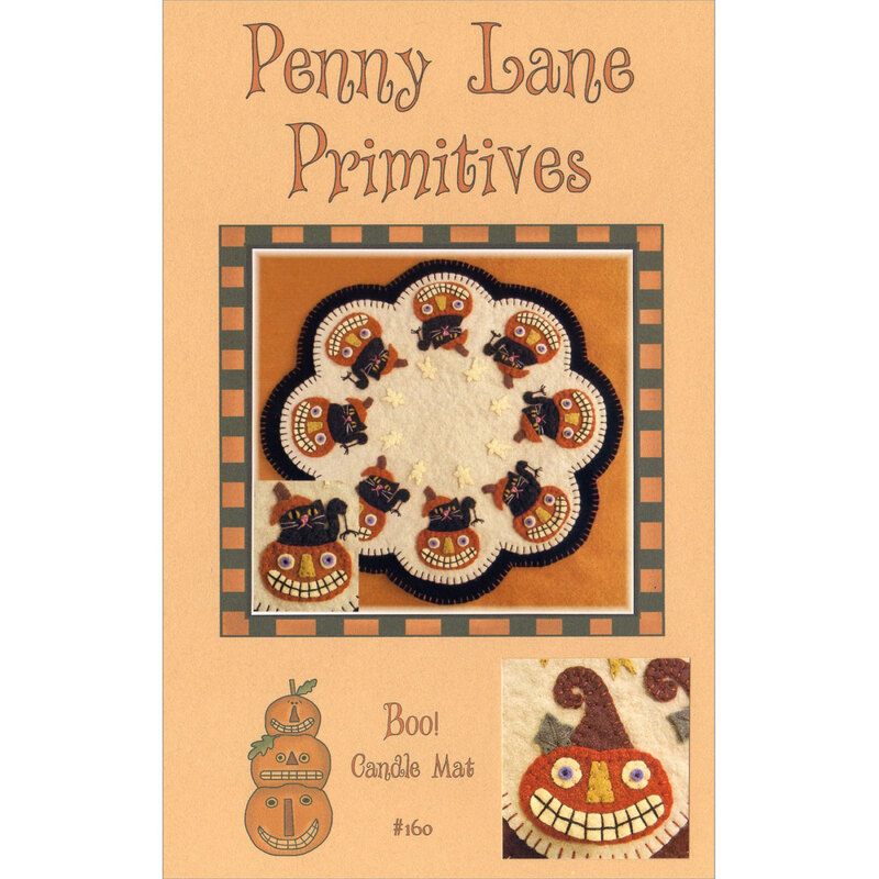 Cover for Penny Lane Primitives featuring a circular candle mat design with whimsical pumpkins and cats with spiders.