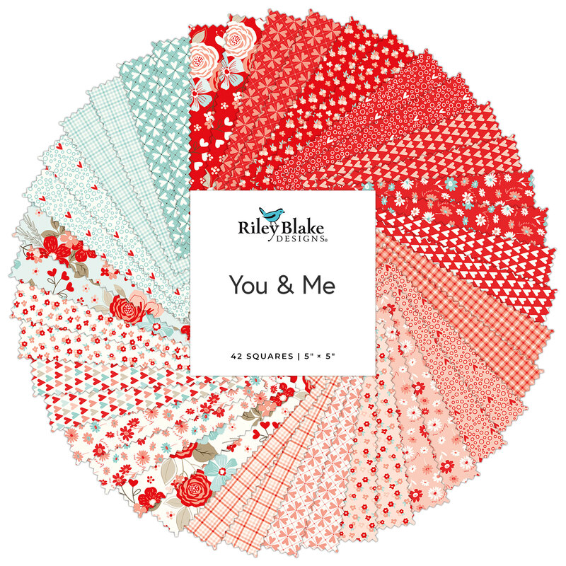 A spiraled collage of red, blue, pink, and white fabrics with a white You & Me tag by Riley Blake Designs