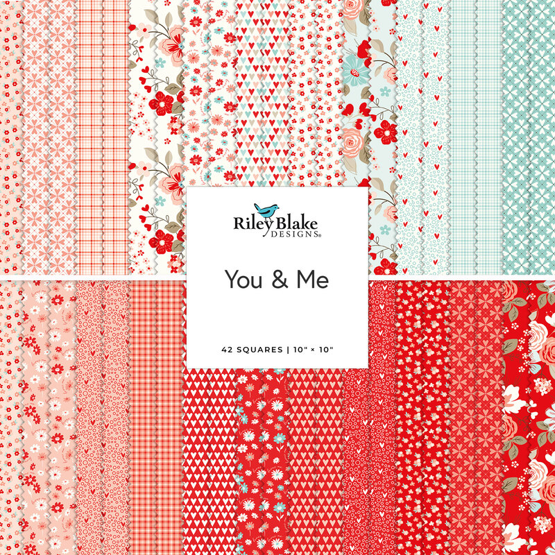 A stacked collage of red, blue, pink, and white fabrics with a white You & Me tag by Riley Blake Designs