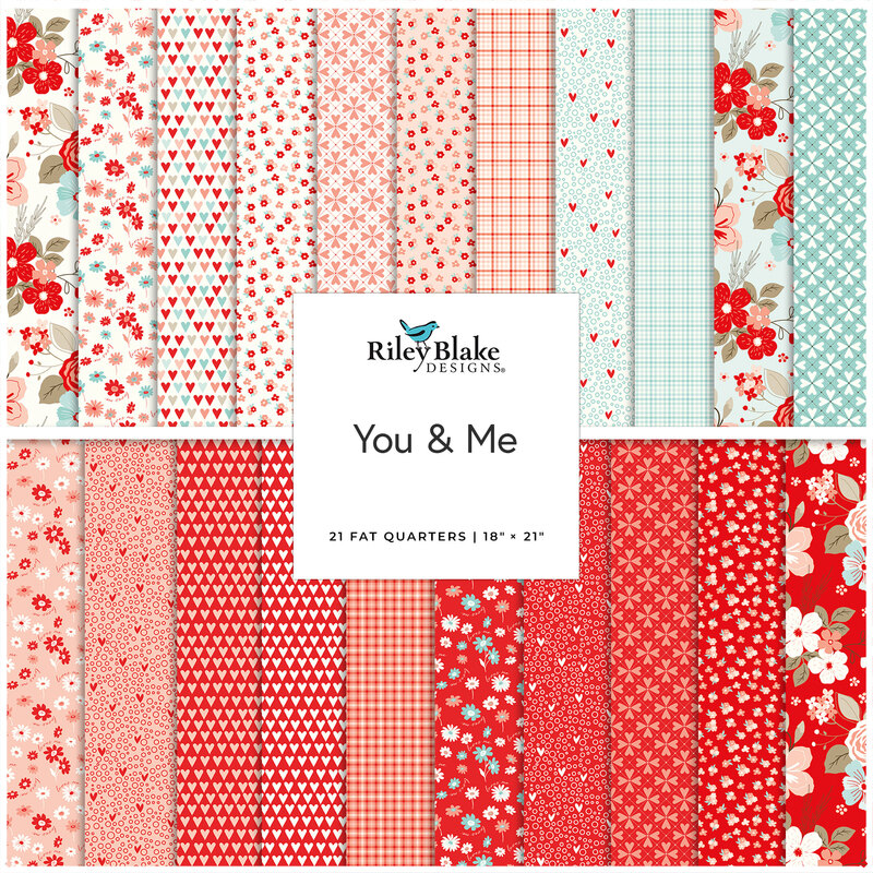 A collage of white, blue, and pink fabrics with a You & Me badge by Riley Blake Designs in the center