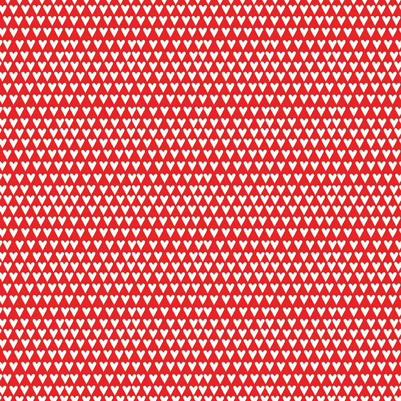 Red fabric with tight organized rows of hearts.