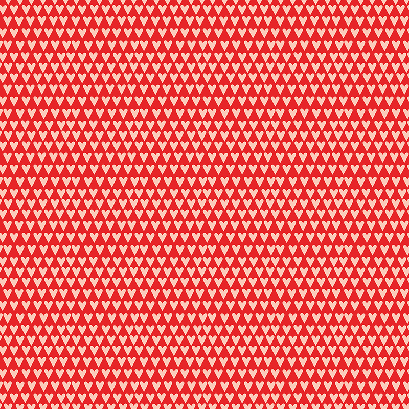 Red fabric with tight organized rows of hearts.